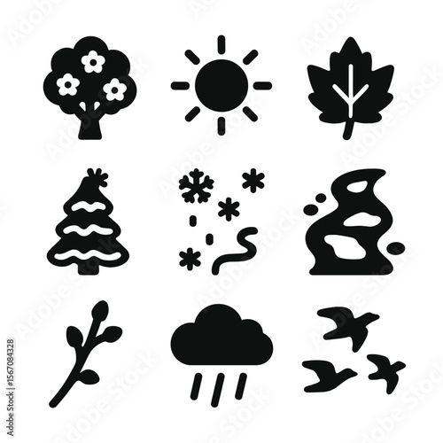 Forest Seasons Icons. Solid, filled icon set of forest seasons: blooming tree, summer sun, autumn leaf, frost-covered pine,
