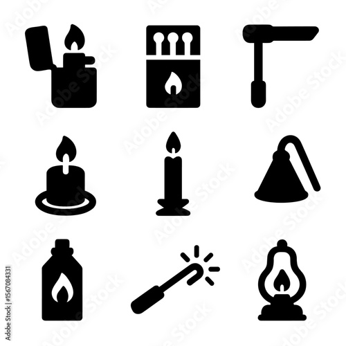 Lighting Tools Icons. Solid, filled icon set of lighting accessories and tools: lighter, matchbox, fire starter, candle wick,