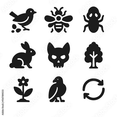 Forest Ecosystem Roles Icons. Solid, filled icon set of forest ecosystem roles: seed disperser, pollinator, decomposer, prey
