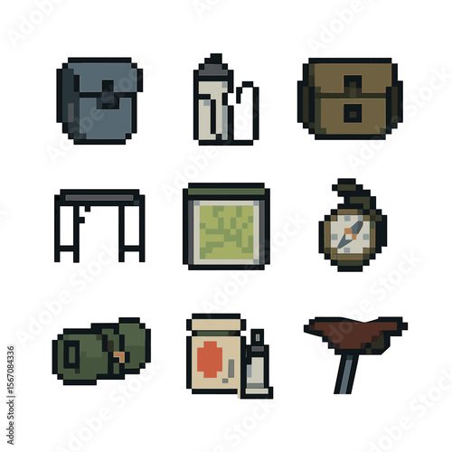 Touring Bicycle Gear Icons. Pixel art icon set of touring bicycle gear: pannier bag, water bottle cage, handlebar bag, tent rack,