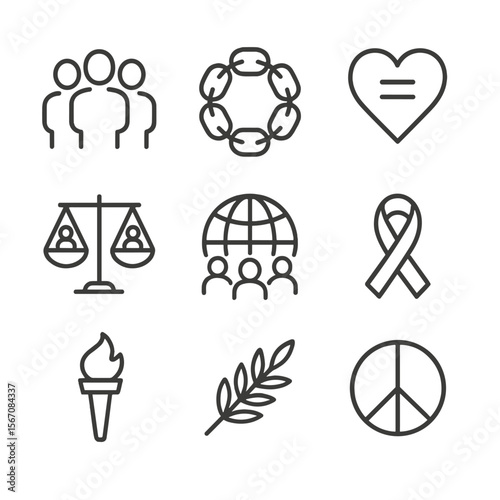 Equality Icon Set. Outline icon set of equality and unity themes: diverse group silhouettes, chain links forming circle, heart