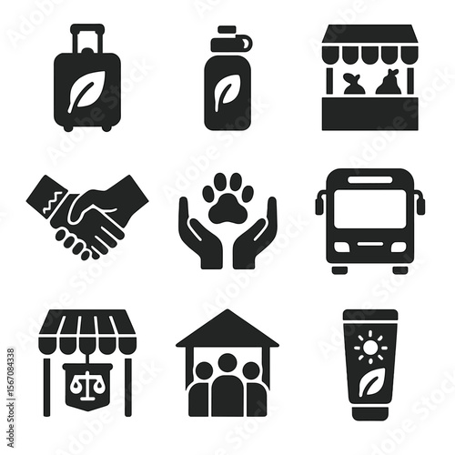 Eco Travel Icons. Solid, filled icons set of socially responsible travel: eco-friendly suitcase, reusable
