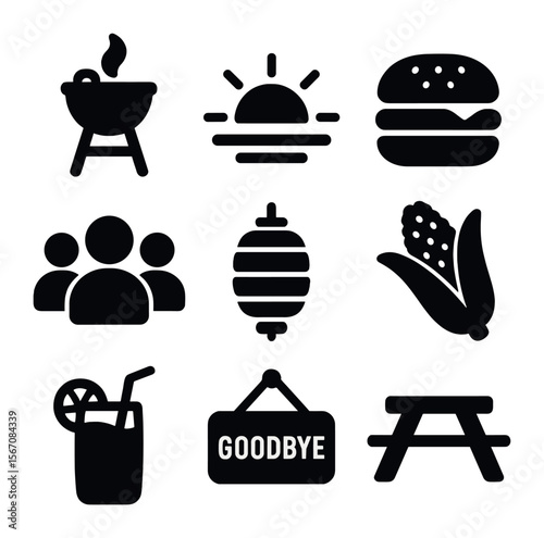 End-of-Summer Cookout Icons. Solid, filled icons set of end-of-summer cookout: grill, sunset, burger, group