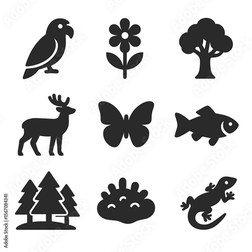 Eco Wildlife Icons. Solid, filled icons set of wildlife and flora around eco-lodges: tropical bird, wildflower