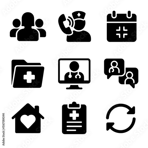 Healthcare Icon Set. Solid, filled icon set of care coordination for chronic illness: care team icon, nurse call, appointment