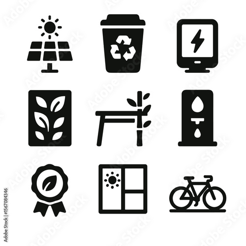 Eco Workspace Icons. Solid, filled icons set of eco-conscious workspaces: solar panel, recycle bin, energy