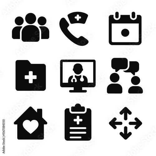 Healthcare Icon Set. Solid, filled icon set of care coordination for chronic illness: care team icon, nurse call, appointment