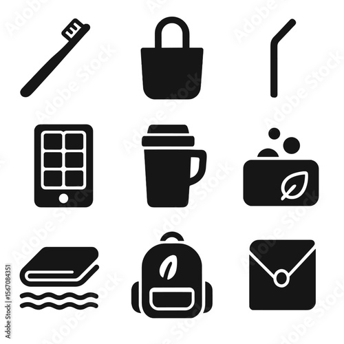 Eco Travel Gear Icons. Solid, filled icons set of eco-friendly travel gear: bamboo toothbrush, reusable bag,