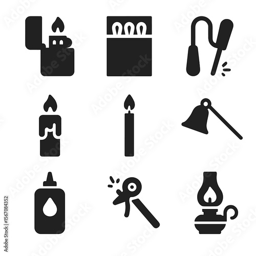 Lighting Tools Icons. Solid, filled icon set of lighting accessories and tools: lighter, matchbox, fire starter, candle wick,