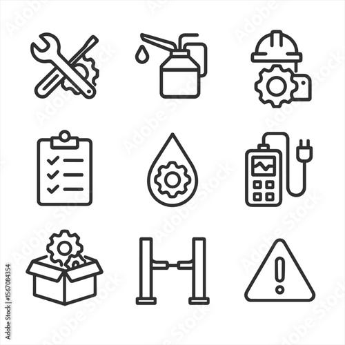 Equipment Maintenance Icons. Outline icon set of equipment maintenance and safety: wrench and gear icon, grease can, safety helmet
