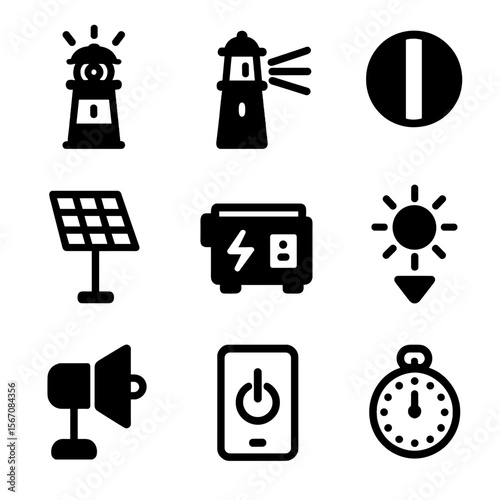 Lighthouse Icon Set. Solid, filled icon set of lighthouse lighting features: rotating light, flashing beam, color filters, solar