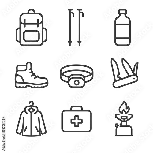 Essential Hiking Gear Icons. Outline icon set of essential hiking gear: backpack silhouette, trekking poles, water bottle, hiking