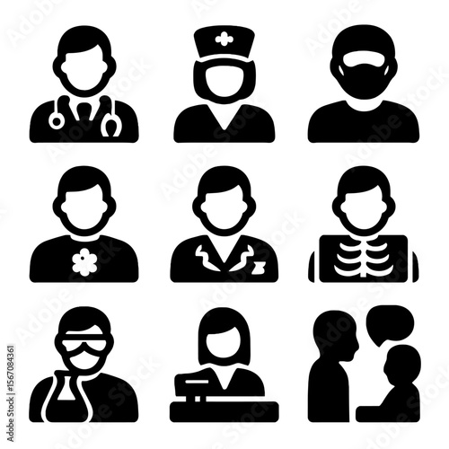 Healthcare Staff Icons. Solid, filled icon set of healthcare personnel: doctor, nurse, surgeon, paramedic, pharmacist, radiologist