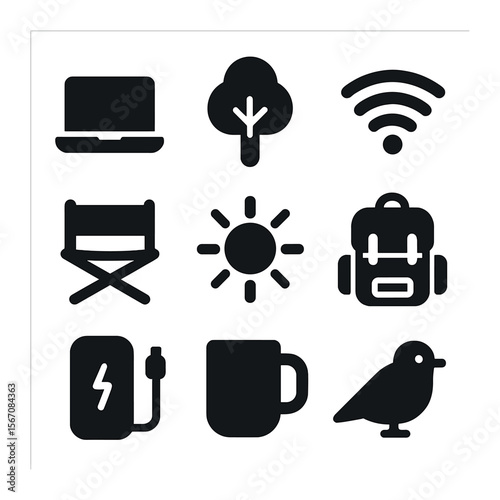 Remote Work Icons. Solid, filled icons set of remote work in nature: laptop, tree, wireless signal, camping