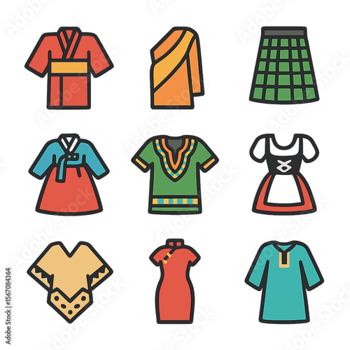 Traditional Clothing Icons. Flat icon set of traditional clothing: kimono, sari, kilt, hanbok, dashiki, dirndl, poncho, cheongsam,