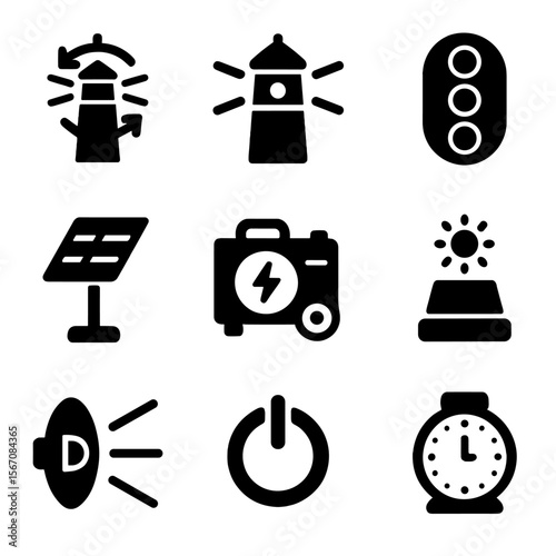 Lighthouse Icon Set. Solid, filled icon set of lighthouse lighting features: rotating light, flashing beam, color filters, solar