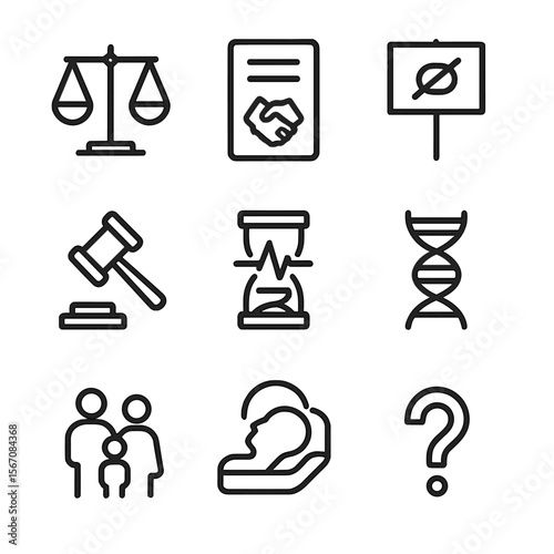 Ethical Legal Icons. Outline icon set of ethical and legal considerations: scale of justice, contract document, protest sign,
