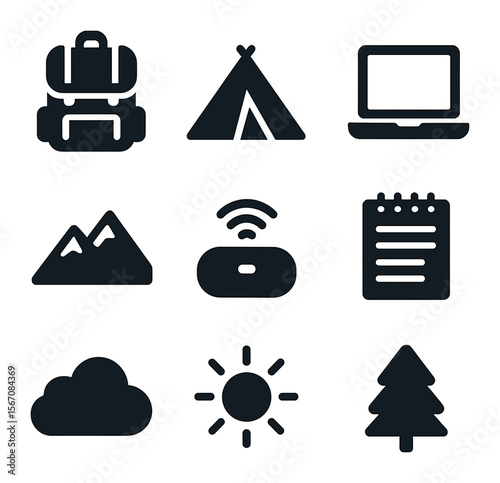 Digital Nomad Icons. Solid, filled icons set of digital nomad lifestyle: backpack, tent, laptop, mountains,