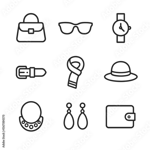 Essential Accessories Icons. Outline icon set of essential accessories: handbag, sunglasses, watch, belt, scarf, hat, statement