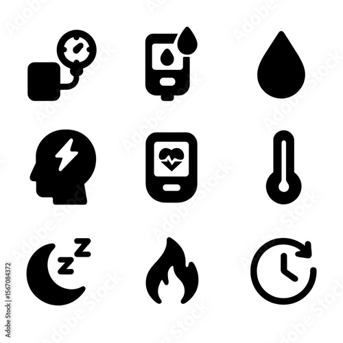 Health Monitoring Icons. Solid, filled icon set of health monitoring features: blood pressure, glucose level, hydration level,