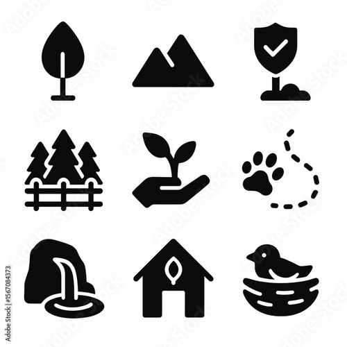 Forest Preservation Icons. Solid, filled icon set of forest and habitat preservation: tree, mountain, protected area sign, forest