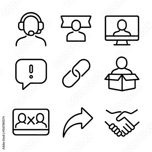 Esports Collaboration Icons. Outline icon set of influencer collaborations in esports: streamer silhouette with headset, branded