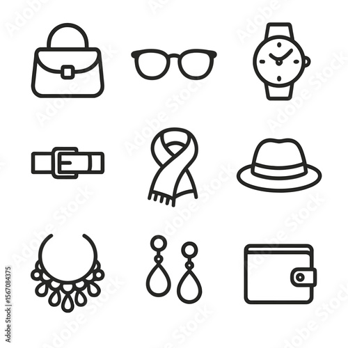 Essential Accessories Icons. Outline icon set of essential accessories: handbag, sunglasses, watch, belt, scarf, hat, statement