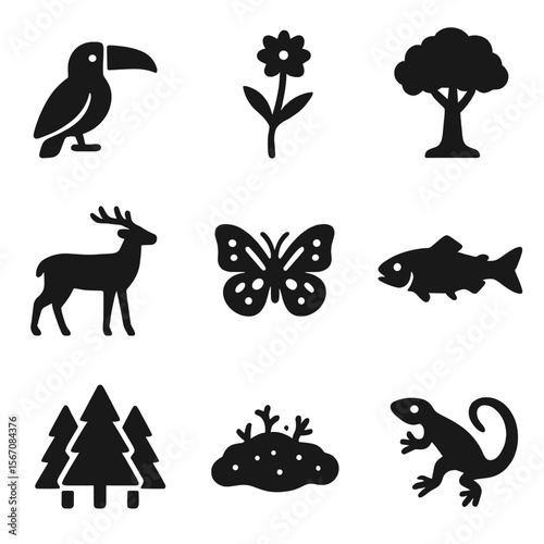 Eco Wildlife Icons. Solid, filled icons set of wildlife and flora around eco-lodges: tropical bird, wildflower