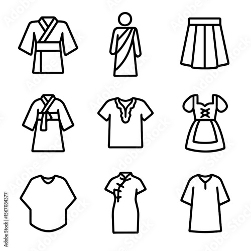Traditional Clothing Icons. Outline icon set of traditional clothing: kimono, sari, kilt, hanbok, dashiki, dirndl, poncho,