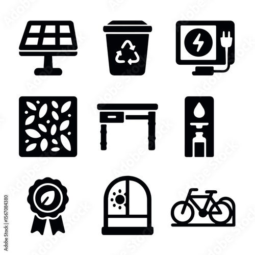 Eco Workspace Icons. Solid, filled icons set of eco-conscious workspaces: solar panel, recycle bin, energy
