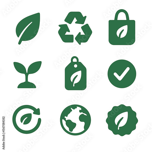 Eco-Friendly Icon Set. Solid, filled icons set of eco-friendly branding: green leaf, recycling icon, reusable