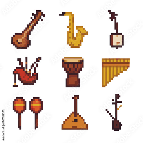 Traditional Instruments Icons Grid. Pixel art icon set of traditional musical instruments: sitar, saxophone, shamisen, bagpipes,