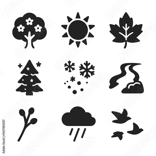 Forest Seasons Icons. Solid, filled icon set of forest seasons: blooming tree, summer sun, autumn leaf, frost-covered pine,
