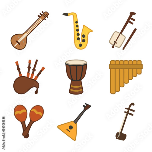 Traditional Instruments Icons. Flat icon set of traditional musical instruments: sitar, saxophone, shamisen, bagpipes, djembe, pan