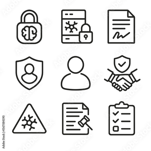 Ethics and Security Icons. Outline icon set of ethics, privacy and data security: lock with brain symbol, encrypted neural data