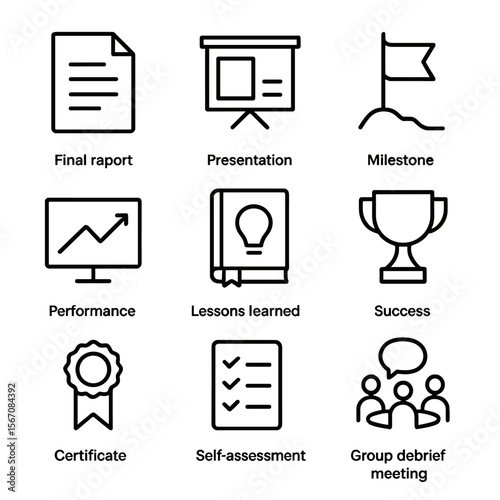 Evaluation Icon Set. Outline icon set of evaluation and reflection outcomes: final report document, presentation slide, milestone