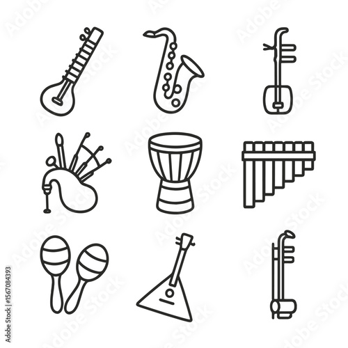 Traditional Instrument Icons. Outline icon set of traditional musical instruments: sitar, saxophone, shamisen, bagpipes, djembe,