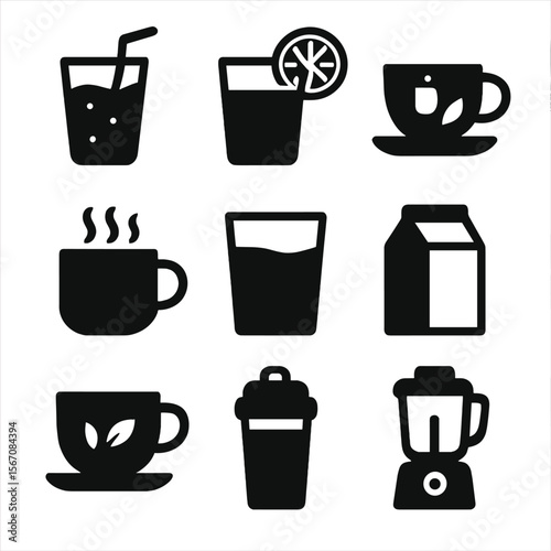 Healthy Drink Icons. Solid, filled icon set of healthy breakfast drinks: smoothie glass, orange juice, green tea cup, coffee mug,