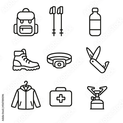 Essential Hiking Gear Icons. Outline icon set of essential hiking gear: backpack silhouette, trekking poles, water bottle, hiking