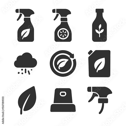 Eco-Friendly Cleaning Icons. Solid, filled icons set of non-toxic cleaning sprays: eco spray bottle, citrus