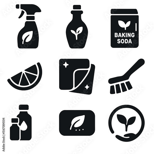 Eco-Friendly Cleaning Icons. Solid, filled icons set of eco-friendly cleaning: natural spray, vinegar bottle,