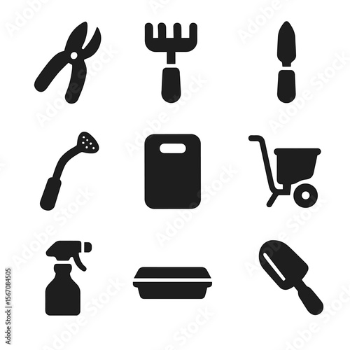 Herb Garden Tools Icons. Solid, filled icon set of herb garden tools: pruning shears, mini rake, planting dibber, watering wand,