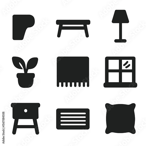 Living Room Icons. Solid, filled icon set of living room with wood floor: sofa leg, coffee table, floor lamp, plant pot, rug,