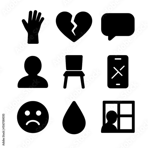 Icons of Loneliness. Solid, filled icon set of longing for connection: reaching hand, broken heart, empty message bubble, distant