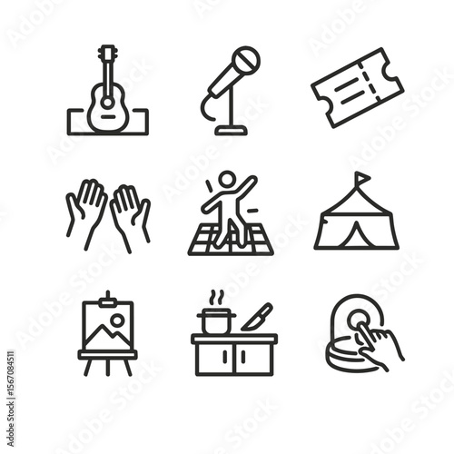 Event Icons Collection. Outline icon set of live performance and event participation: acoustic guitar on stage, microphone stand,