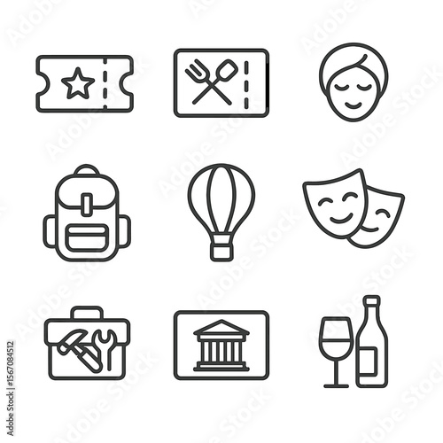 Experience Gift Icons. Outline icon set of experience-based gifts: concert ticket stub, cooking class voucher card, spa treatment