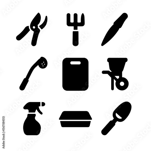 Herb Garden Tools Icons. Solid, filled icon set of herb garden tools: pruning shears, mini rake, planting dibber, watering wand,