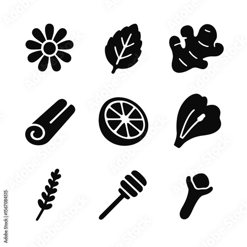Herbal Tea Icons. Solid, filled icon set of herbal tea ingredients: chamomile flower, mint leaf, ginger root, cinnamon stick,