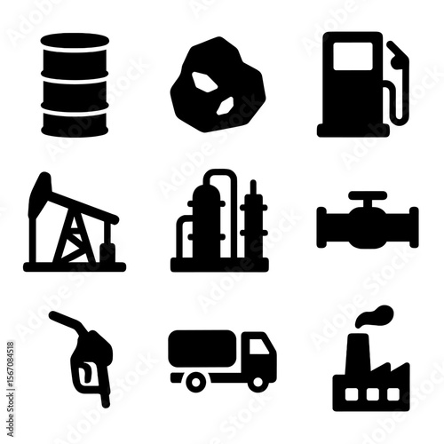 Fossil Fuel Icons. Solid, filled icon set of fossil fuel industry: oil barrel, coal lump, gas pump, drilling rig, refinery,