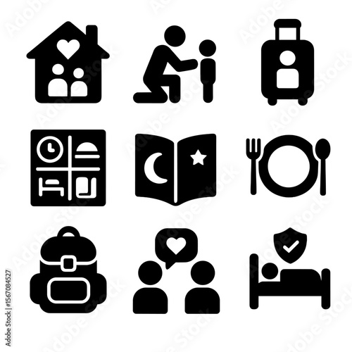 Foster Care Icon Set. Solid, filled icon set of foster care essentials: foster home, foster parent, child suitcase, daily routine